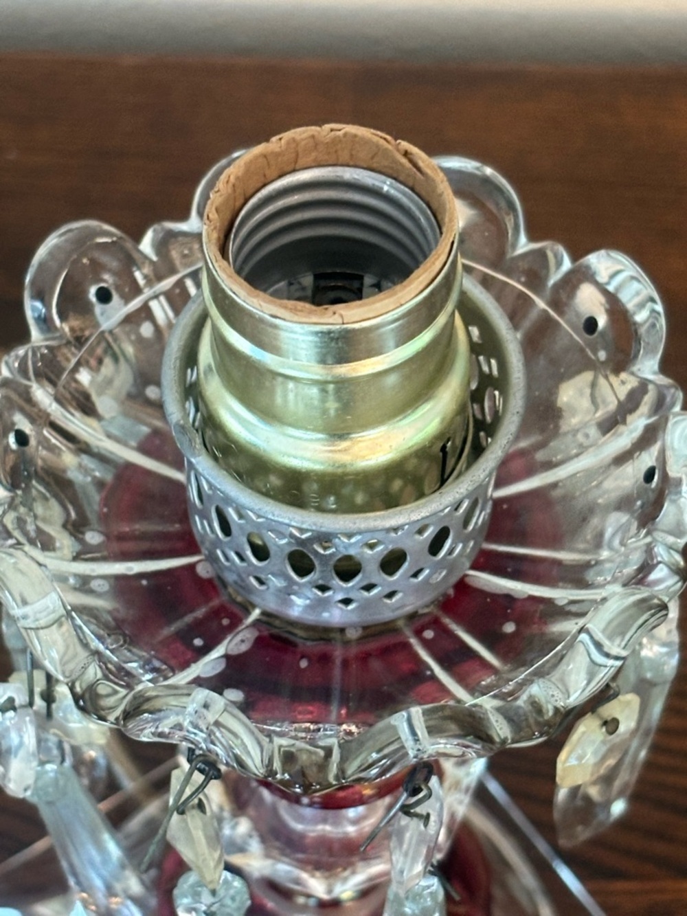 vintage boudoir table lamp featuring cranberry red and clear cut glass - Picture 9 of 16